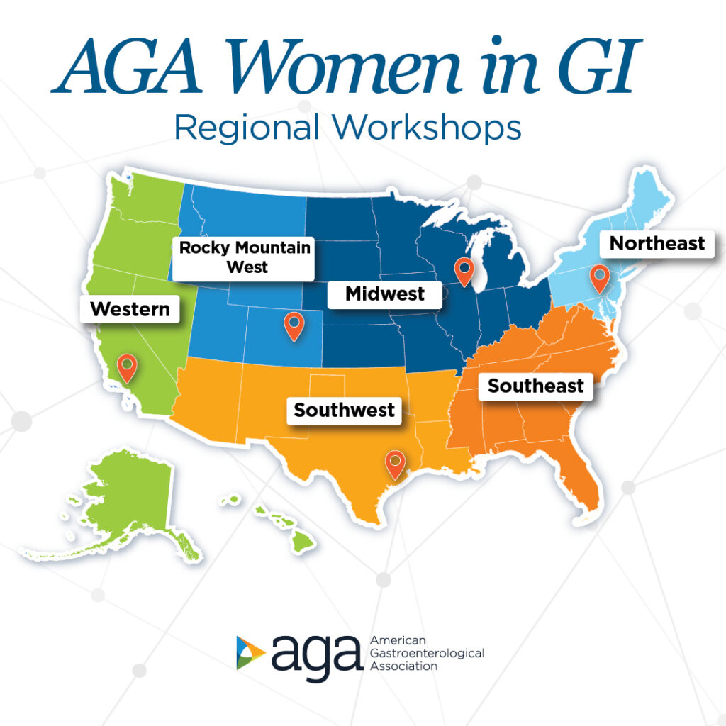 Map of the U.S. showing the 2024 womens workshops regional locations: NE, MW, SE, SW, W, Rockys