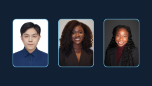 Headshots of award winners Cunzheng Zhang, Rebecca Ekeanyanwu and Temitope Olasehinde