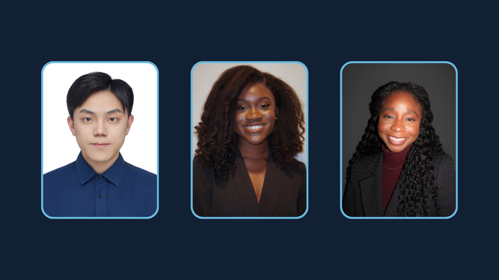 Headshots of award winners Cunzheng Zhang, Rebecca Ekeanyanwu and Temitope Olasehinde