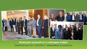 Four images of volunteer leaders on an olive green background; image contains "Call for Nominations" at the top of the image