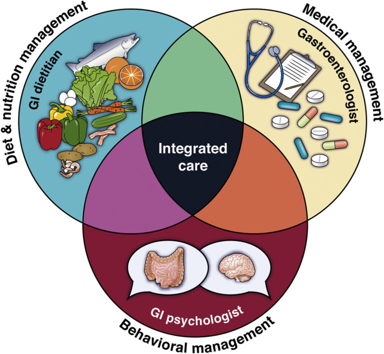 Venn diagram for irritable bowel syndrome (IBS) with three circles representing integrated care