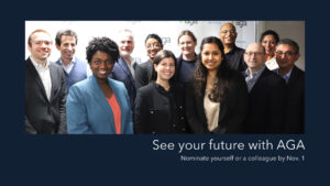 AGA volunteer leaders with a headline that reads "See your future with AGA; Nominate yourself or a colleague by Nov. 1"