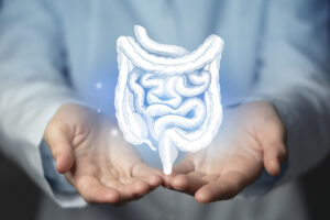 Gastroenterologist doctor, intestine specialist. Aesthetic handdrawn highlighted illustration of human intestine.