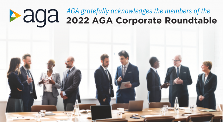 Image of businesspeople talking with text "AGA gratefully acknowledges the members of the 2022 Corporate Roundtable"