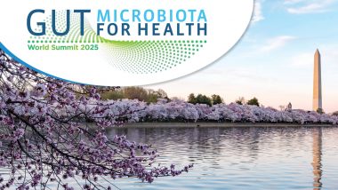 Gut Microbiota for Health logo with a photo of the Washington Monument and cherry blossoms along the Tidal Basin