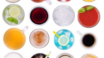 Cold and hot drinks isolated on white background, top view Cold and hot drinks isolated on white background, top view