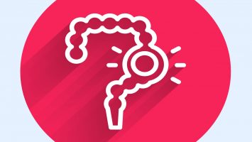 White line Gut constipation icon isolated with long shadow. Bowel problems. Red circle button. Vector.