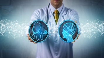 Diagnostician Combining AI App and Diagnostics Unrecognizable diagnostician bringing together an AI app and diagnostics. Health care and technology concept for artificial intelligence in medicine and clinical systems, machine and deep learning.