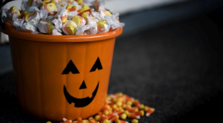 Bucket of Halloween Candy with Jack o Lantern, Copy Space