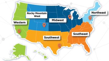 Map of the U.S. showing the 2024 womens workshops regional locations: NE, MW, SE, SW, W, Rockys