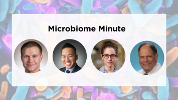 Headshots of Aaron Hecht, Phil Tar, Long Nguyen, and Sara Di Rienzi under the words Microbiome Minute.