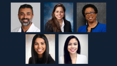 Headshots of Drs. Simon Mathews, Jana Al Hashash, Joan Culpepper-Morgan, Vijaya Rao and Shazia Siddique.