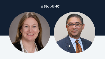 Barbara Jung and Rajeev Jain hashtag Stop UHC