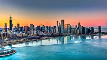 Sunset behind Chicago in the Winter Sunset behind Chicago in the Winter